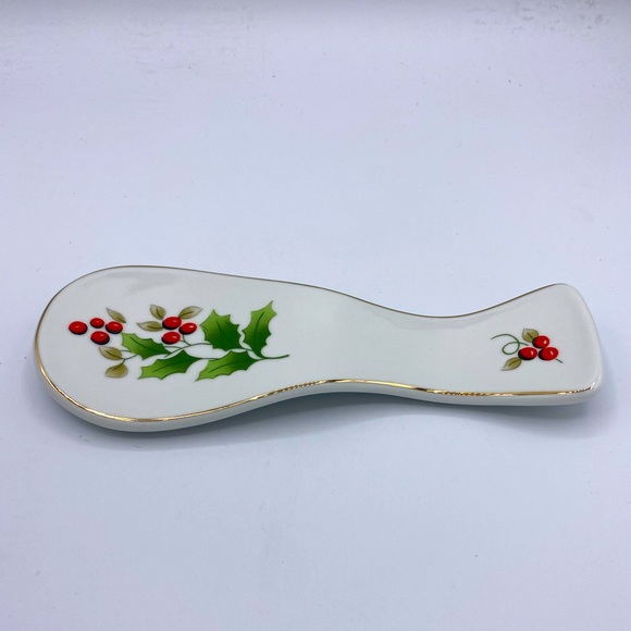 Royal Norfolk Holly And Berries Porcelain Spoon Rest Gold Trim Christmas Holiday - Picture 2 of 5